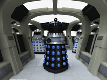 Masterplan Daleks explore a space station corridor